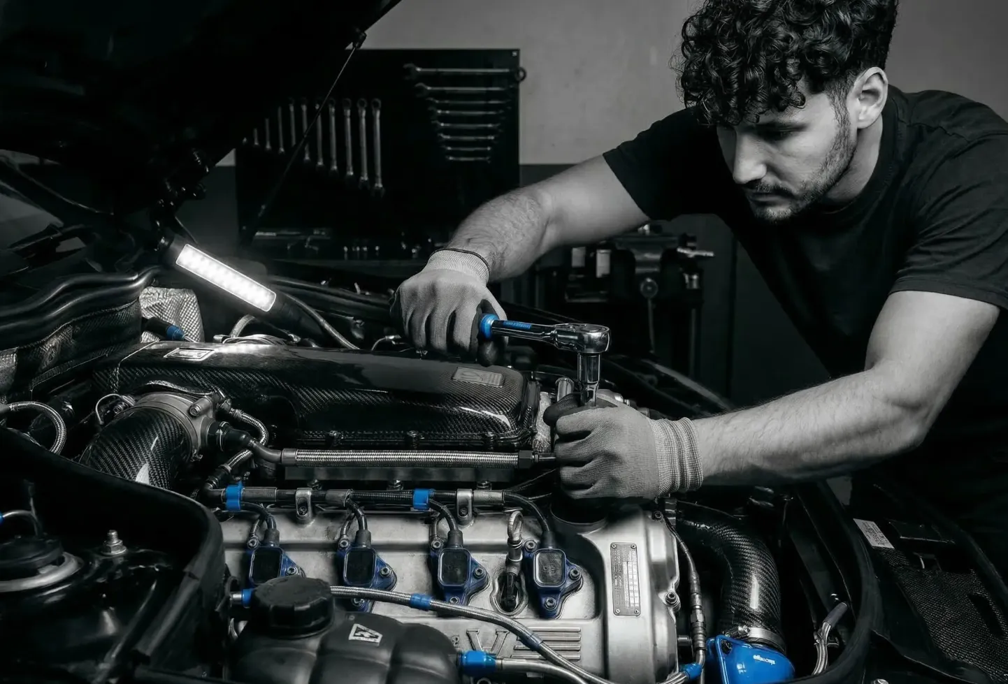 Daniele Ierimonte arbeitet mit einer Ratsche am Motor eines Fahrzeugs